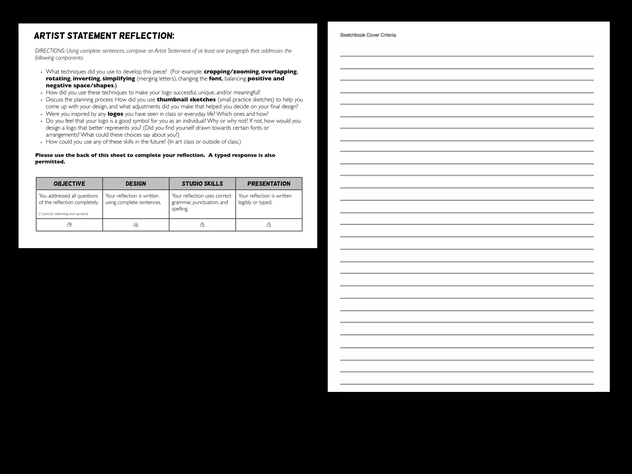 DIRECTIONS: Using complete sentences, compose an Artist Statement of at least one paragraph that addresses the
following components:
- What techniques did you use to develop this piece? (For example: cropping/zooming, overlapping,
rotating, inverting, simplifying (merging letters), changing the font, balancing positive and
negative space/shapes.)
- How did you use these techniques to make your logo successful, unique, and/or meaningful?
- Discuss the planning process: How did you use thumbnail sketches (small practice sketches) to help you
come up with your design, and what adjustments did you make that helped you decide on your ﬁnal design?
- Were you inspired by any logos you have seen in class or everyday life? Which ones and how?
- Do you feel that your logo is a good symbol for you as an individual? Why or why not? If not, how would you
design a logo that better represents you? (Did you ﬁnd yourself drawn towards certain fonts or
arrangements? What could these choices say about you?)
- How could you use any of these skills in the future? (In art class or outside of class.)
Please use the back of this sheet to complete your reﬂection. A typed response is also
permitted.
/10 /20 /10 /10
OBJECTIVE DESIGN STUDIO SKILLS PRESENTATION
You addressed all questions
of the reﬂection completely.
(1 point for addressing each question)
Your reﬂection is written
using complete sentences.
Your reﬂection uses correct
grammar, punctuation, and
spelling.
Your reﬂection is written
legibly or typed.
/9 /6 /5 /5
Artist statement reflection:
 