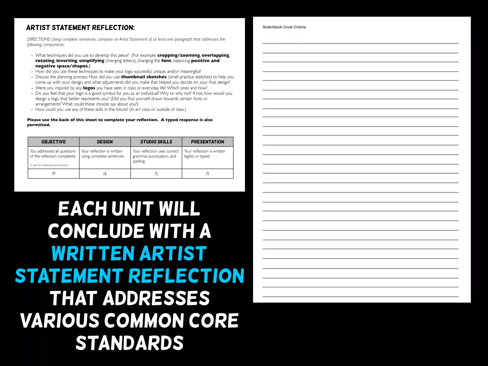 Each unit will
conclude with a
written artist
statement reflection
that addresses
various common core
standards
DIRECTIONS: Using complete sentences, compose an Artist Statement of at least one paragraph that addresses the
following components:
- What techniques did you use to develop this piece? (For example: cropping/zooming, overlapping,
rotating, inverting, simplifying (merging letters), changing the font, balancing positive and
negative space/shapes.)
- How did you use these techniques to make your logo successful, unique, and/or meaningful?
- Discuss the planning process: How did you use thumbnail sketches (small practice sketches) to help you
come up with your design, and what adjustments did you make that helped you decide on your ﬁnal design?
- Were you inspired by any logos you have seen in class or everyday life? Which ones and how?
- Do you feel that your logo is a good symbol for you as an individual? Why or why not? If not, how would you
design a logo that better represents you? (Did you ﬁnd yourself drawn towards certain fonts or
arrangements? What could these choices say about you?)
- How could you use any of these skills in the future? (In art class or outside of class.)
Please use the back of this sheet to complete your reﬂection. A typed response is also
permitted.
/10 /20 /10 /10
OBJECTIVE DESIGN STUDIO SKILLS PRESENTATION
You addressed all questions
of the reﬂection completely.
(1 point for addressing each question)
Your reﬂection is written
using complete sentences.
Your reﬂection uses correct
grammar, punctuation, and
spelling.
Your reﬂection is written
legibly or typed.
/9 /6 /5 /5
Artist statement reflection:
 