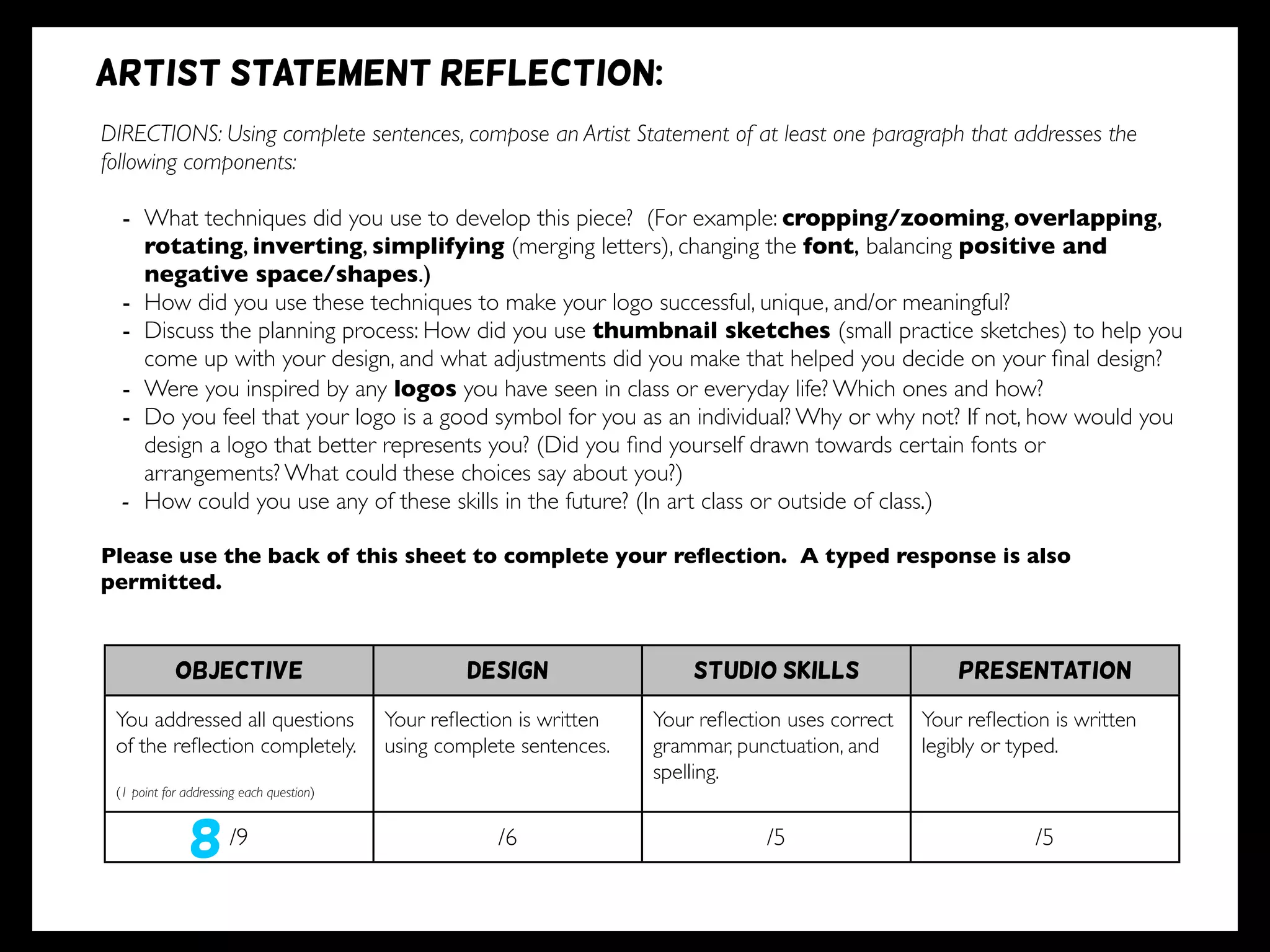 DIRECTIONS: Using complete sentences, compose an Artist Statement of at least one paragraph that addresses the
following components:
- What techniques did you use to develop this piece? (For example: cropping/zooming, overlapping,
rotating, inverting, simplifying (merging letters), changing the font, balancing positive and
negative space/shapes.)
- How did you use these techniques to make your logo successful, unique, and/or meaningful?
- Discuss the planning process: How did you use thumbnail sketches (small practice sketches) to help you
come up with your design, and what adjustments did you make that helped you decide on your ﬁnal design?
- Were you inspired by any logos you have seen in class or everyday life? Which ones and how?
- Do you feel that your logo is a good symbol for you as an individual? Why or why not? If not, how would you
design a logo that better represents you? (Did you ﬁnd yourself drawn towards certain fonts or
arrangements? What could these choices say about you?)
- How could you use any of these skills in the future? (In art class or outside of class.)
Please use the back of this sheet to complete your reﬂection. A typed response is also
permitted.
OBJECTIVE DESIGN STUDIO SKILLS PRESENTATION
You addressed all questions
of the reﬂection completely.
(1 point for addressing each question)
Your reﬂection is written
using complete sentences.
Your reﬂection uses correct
grammar, punctuation, and
spelling.
Your reﬂection is written
legibly or typed.
/9 /6 /5 /5
Artist statement reflection:
8
 