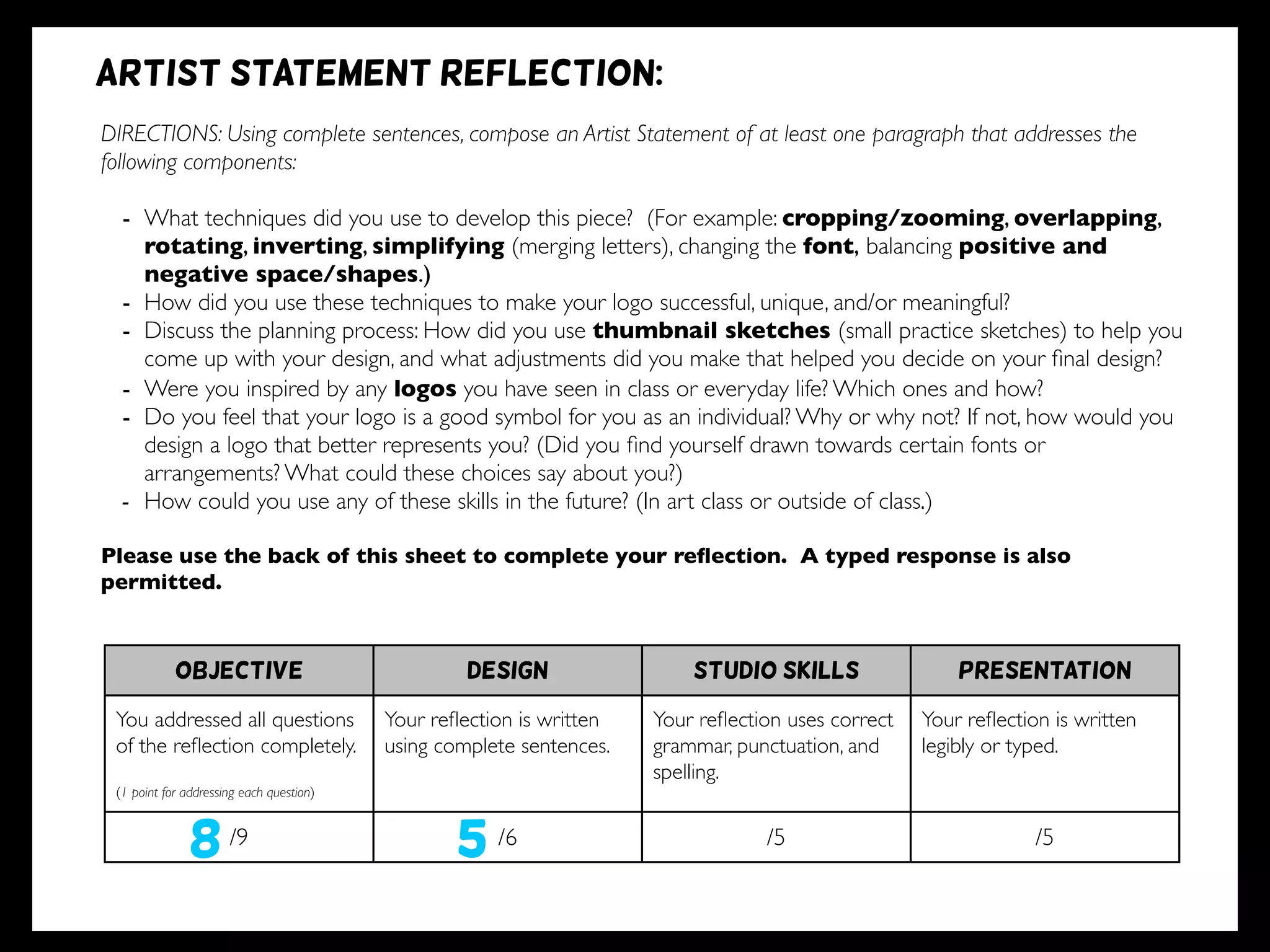 DIRECTIONS: Using complete sentences, compose an Artist Statement of at least one paragraph that addresses the
following components:
- What techniques did you use to develop this piece? (For example: cropping/zooming, overlapping,
rotating, inverting, simplifying (merging letters), changing the font, balancing positive and
negative space/shapes.)
- How did you use these techniques to make your logo successful, unique, and/or meaningful?
- Discuss the planning process: How did you use thumbnail sketches (small practice sketches) to help you
come up with your design, and what adjustments did you make that helped you decide on your ﬁnal design?
- Were you inspired by any logos you have seen in class or everyday life? Which ones and how?
- Do you feel that your logo is a good symbol for you as an individual? Why or why not? If not, how would you
design a logo that better represents you? (Did you ﬁnd yourself drawn towards certain fonts or
arrangements? What could these choices say about you?)
- How could you use any of these skills in the future? (In art class or outside of class.)
Please use the back of this sheet to complete your reﬂection. A typed response is also
permitted.
OBJECTIVE DESIGN STUDIO SKILLS PRESENTATION
You addressed all questions
of the reﬂection completely.
(1 point for addressing each question)
Your reﬂection is written
using complete sentences.
Your reﬂection uses correct
grammar, punctuation, and
spelling.
Your reﬂection is written
legibly or typed.
/9 /6 /5 /5
Artist statement reflection:
8 5
 