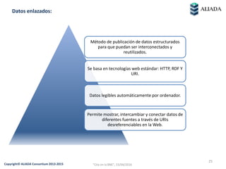 25
Copyright© ALIADA Consortium 2013-2015 "Cita en la BNE", 15/04/2016
Método de publicación de datos estructurados
para que puedan ser interconectados y
reutilizados.
Se basa en tecnologías web estándar: HTTP, RDF Y
URI.
Datos legibles automáticamente por ordenador.
Permite mostrar, intercambiar y conectar datos de
diferentes fuentes a través de URIs
desreferenciables en la Web.
Datos enlazados:
 