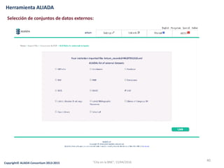 40
Copyright© ALIADA Consortium 2013-2015
Herramienta ALIADA
Selección de conjuntos de datos externos:
"Cita en la BNE", 15/04/2016
 