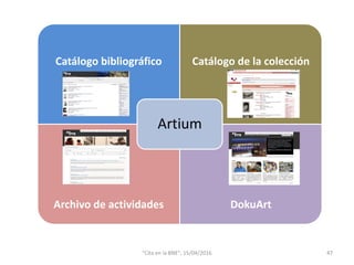 Catálogo bibliográfico Catálogo de la colección
Archivo de actividades DokuArt
Artium
47"Cita en la BNE", 15/04/2016
 