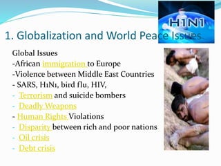 1. Globalization and World Peace Issues 
Global Issues 
-African immigration to Europe 
-Violence between Middle East Countries 
- SARS, H1N1, bird flu, HIV, 
- Terrorism and suicide bombers 
- Deadly Weapons 
- Human Rights Violations 
- Disparity between rich and poor nations 
- Oil crisis 
- Debt crisis 
 