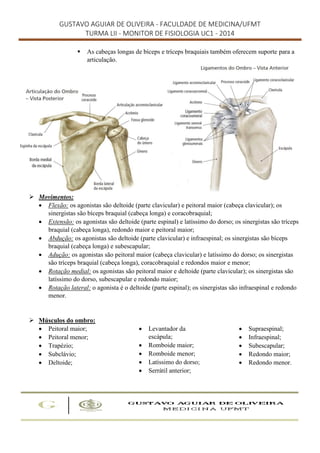 GUSTAVO AGUIAR DE OLIVEIRA - FACULDADE DE MEDICINA/UFMT
TURMA LII - MONITOR DE FISIOLOGIA UC1 - 2014
 As cabeças longas de bíceps e tríceps braquiais também oferecem suporte para a
articulação.
 Movimentos:
 Flexão: os agonistas são deltoide (parte clavicular) e peitoral maior (cabeça clavicular); os
sinergistas são bíceps braquial (cabeça longa) e coracobraquial;
 Extensão: os agonistas são deltoide (parte espinal) e latíssimo do dorso; os sinergistas são tríceps
braquial (cabeça longa), redondo maior e peitoral maior;
 Abdução: os agonistas são deltoide (parte clavicular) e infraespinal; os sinergistas são bíceps
braquial (cabeça longa) e subescapular;
 Adução: os agonistas são peitoral maior (cabeça clavicular) e latíssimo do dorso; os sinergistas
são tríceps braquial (cabeça longa), coracobraquial e redondos maior e menor;
 Rotação medial: os agonistas são peitoral maior e deltoide (parte clavicular); os sinergistas são
latíssimo do dorso, subescapular e redondo maior;
 Rotação lateral: o agonista é o deltoide (parte espinal); os sinergistas são infraespinal e redondo
menor.
 Músculos do ombro:
 Peitoral maior;
 Peitoral menor;
 Trapézio;
 Subclávio;
 Deltoide;
 Levantador da
escápula;
 Romboide maior;
 Romboide menor;
 Latíssimo do dorso;
 Serrátil anterior;
 Supraespinal;
 Infraespinal;
 Subescapular;
 Redondo maior;
 Redondo menor.
 