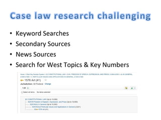 •   Keyword Searches
•   Secondary Sources
•   News Sources
•   Search for West Topics & Key Numbers
 