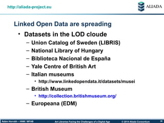 © 2014 Aliada ConsortiumArt Libraries Facing the Challenges of a Digital AgeÁdám Horváth – HNM / MFAB 26
Linked Open Data are spreading
http://aliada-project.eu
• Datasets in the LOD cloude
– Union Catalog of Sweden (LIBRIS)
– National Library of Hungary
– Biblioteca Nacional de España
– Yale Centre of British Art
– Italian museums
• http://www.linkedopendata.it/datasets/musei
– British Museum
• http://collection.britishmuseum.org/
– Europeana (EDM)
 