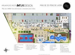 * Conforme memorial descritivo anexo ao contrato.
1. Acesso ao Térreo/Lobby
2. Hall
3. Elevadores
4. Salão de Festas Adulto
5. Terraço
6. Brinquedoteca
7. Fraldário
8. Salão de Festas Infantil
9. Salão de Festas Adolescente
10. Acesso ao Garage Band
11. Salão de Jogos Adulto
12. Salão de Jogos Adolescente
13. Home Cinema
14. Espaço Gourmet
15. Fitness
16. Descanso
17. SPA
18. Ducha
19. Sauna
20. Vestiários
21. Churrasqueira
22. Piscina Adulto
23. Piscina Infantil
24. Deck
25. Piscina com raia
26. Playground
27. Xadrez
28. Quadra Poliesportiva
29. Lual
30. Quadra de areia
31. Half Pipe
32. Parede de Escalada
33 Estacionamento Pilotis
34. Rampa de acesso ao
estacionamento Pilotis
35. Acesso ao térreo e subsolos
MAIS DE 20 ITENS DE LAZER
Mais de 5.800m2
de sofisticação e diversão para todos.
ENTREGUES
EQUIPADOS
E DECORADOS.*
DESIGNIMPLANTAÇÃO PILOTIS
z
 