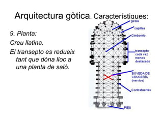 Arquitectura gòtica. Característiques:
9. Planta:
Creu llatina.
El transepto es redueix
tant que dóna lloc a
una planta de saló.
 