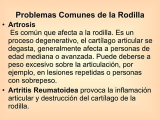 Problemas Comunes de la Rodilla Artrosis  Es común que afecta a la rodilla. Es un proceso degenerativo, el cartílago articular se degasta, generalmente afecta a personas de edad mediana o avanzada. Puede deberse a peso excesivo sobre la articulación, por ejemplo, en lesiones repetidas o personas con sobrepeso. Artritis Reumatoidea  provoca la inflamación articular y destrucción del cartílago de la rodilla. 