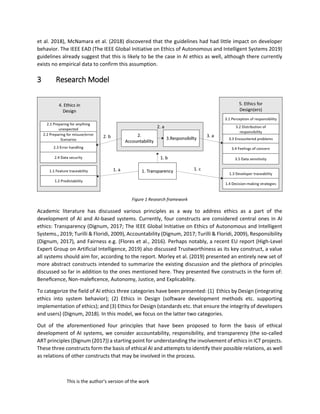 This is the author's version of the work
et al. 2018), McNamara et al. (2018) discovered that the guidelines had had little impact on developer
behavior. The IEEE EAD (The IEEE Global Initiative on Ethics of Autonomous and Intelligent Systems 2019)
guidelines already suggest that this is likely to be the case in AI ethics as well, although there currently
exists no empirical data to confirm this assumption.
3 Research Model
Figure 1 Research framework
Academic literature has discussed various principles as a way to address ethics as a part of the
development of AI and AI-based systems. Currently, four constructs are considered central ones in AI
ethics: Transparency (Dignum, 2017; The IEEE Global Initiative on Ethics of Autonomous and Intelligent
Systems., 2019; Turilli & Floridi, 2009), Accountability (Dignum, 2017; Turilli & Floridi, 2009), Responsibility
(Dignum, 2017), and Fairness e.g. (Flores et al., 2016). Perhaps notably, a recent EU report (High-Level
Expert Group on Artificial Intelligence, 2019) also discussed Trustworthiness as its key construct, a value
all systems should aim for, according to the report. Morley et al. (2019) presented an entirely new set of
more abstract constructs intended to summarize the existing discussion and the plethora of principles
discussed so far in addition to the ones mentioned here. They presented ﬁve constructs in the form of:
Beneﬁcence, Non-maleﬁcence, Autonomy, Justice, and Explicability.
To categorize the field of AI ethics three categories have been presented: (1) Ethics by Design (integrating
ethics into system behavior); (2) Ethics in Design (software development methods etc. supporting
implementation of ethics); and (3) Ethics for Design (standards etc. that ensure the integrity of developers
and users) (Dignum, 2018). In this model, we focus on the latter two categories.
Out of the aforementioned four principles that have been proposed to form the basis of ethical
development of AI systems, we consider accountability, responsibility, and transparency (the so-called
ART principles (Dignum (2017)) a starting point for understanding the involvement of ethics in ICT projects.
These three constructs form the basis of ethical AI and attempts to identify their possible relations, as well
as relations of other constructs that may be involved in the process.
 