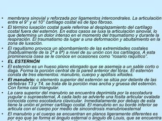 membrana sinovial y reforzada por ligamentos intercondrales. La articulación entre el 9° y el 10° cartílago costal es de tipo fibroso. El término luxación costal suele referirse al desplazamiento del cartílago costal fuera del esternón. En estos casos se luxa la articulación sinovial, lo que determina un dolor intenso en el momento del traumatismo y durante la respiración. El traumatismo da lugar a una deformación y abultamiento en la zona de luxación. El raquitismo provoca un abombamiento de las extremidades costales (habitualmente de la 2ª a 8ª) a nivel de su unión con los cartílagos. A esta prominencia ósea se le conoce en ocasiones como “rosario raquítico”. EL ESTERNÓN El esternón es un hueso plano elongado que se asemeja a un sable corto o daga. Forma la porción central de la pared anterior del tórax. El esternón consta de tres elementos: manubrio, cuerpo y apófisis xifoides. El manubrio:  o elemento superior del esternón se sitúa por delante de las vértebras T3 y T4. se trata de la porción mas ancha y gruesa del esternón. Con forma casi triangular. La cara superior del manubrio se encuentra deprimida por la escotadura yugular o supraesternal, A cada lado se advierte una fosita articular ovalada conocida como escotadura clavicular. Inmediatamente por debajo de esta tiene la unión el primer cartílago costal. El manubrio en su borde inferior se articula con el cuerpo por medio de sincondrosis manubrioesternal  El manubrio y el cuerpo se encuentran en planos ligeramente diferentes es por eso que se forma el ángulo esternal o ángulo de Louis, que se encuentra ala altura del segundo par de cartílagos costales. 