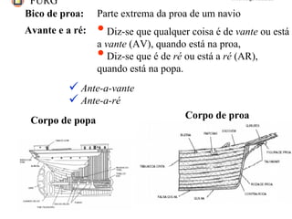 FURG Prof. Jorge Almeida
Bico de proa: Parte extrema da proa de um navio
Avante e a ré: •Diz-se que qualquer coisa é de vante ou está
a vante (AV), quando está na proa,
•Diz-se que é de ré ou está a ré (AR),
quando está na popa.
! Ante-a-vante
! Ante-a-ré
Corpo de proa
Corpo de popa
 