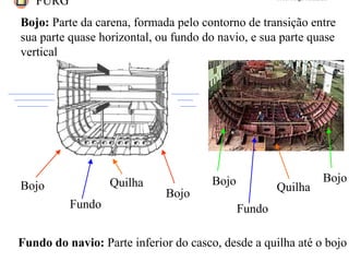 FURG Prof. Jorge Almeida
Bojo
Bojo
BojoBojo
Bojo: Parte da carena, formada pelo contorno de transição entre
sua parte quase horizontal, ou fundo do navio, e sua parte quase
vertical
Fundo do navio: Parte inferior do casco, desde a quilha até o bojo
Fundo
Quilha
Fundo
Quilha
 