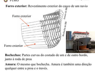 FURG Prof. Jorge Almeida
Forro exterior: Revestimento exterior do casco de um navio
Bochechas: Partes curvas do costado de um e de outro bordo,
junto à roda de proa
Amura: O mesmo que bochecha. Amura é também uma direção
qualquer entre a proa e o través.
Forro exterior
Forro exterior
BochechadeBB
AmuradeBB
 