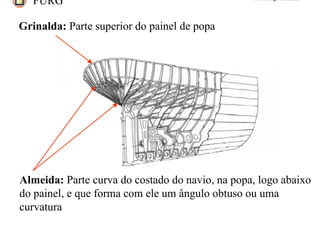 FURG Prof. Jorge Almeida
Grinalda: Parte superior do painel de popa
Almeida: Parte curva do costado do navio, na popa, logo abaixo
do painel, e que forma com ele um ângulo obtuso ou uma
curvatura
 