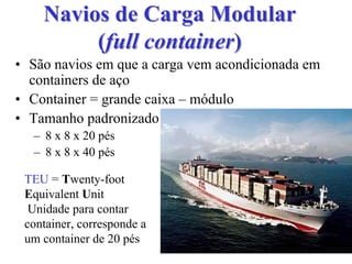 Navios de Carga ModularNavios de Carga Modular
((fullfull containercontainer))
• São navios em que a carga vem acondicionada em
containers de aço
• Container = grande caixa – módulo
• Tamanho padronizado
– 8 x 8 x 20 pés
– 8 x 8 x 40 pés
TEU = Twenty-foot
Equivalent Unit
Unidade para contar
container, corresponde a
um container de 20 pés
 