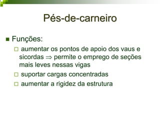 PésPés--dede--carneirocarneiro
Funções:
aumentar os pontos de apoio dos vaus e
sicordas ⇒ permite o emprego de seções
mais leves nessas vigas
suportar cargas concentradas
aumentar a rigidez da estrutura
 