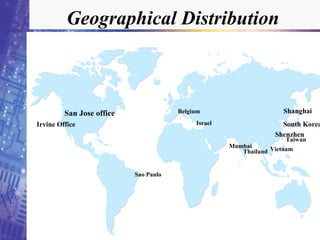 Geographical Distribution
San Jose office
Irvine Office
• Sao Paulo
Shanghai
Mumbai
Shenzhen
•
Vietnam
Israel
• Belgium
South Korea
Taiwan
Thailand
 