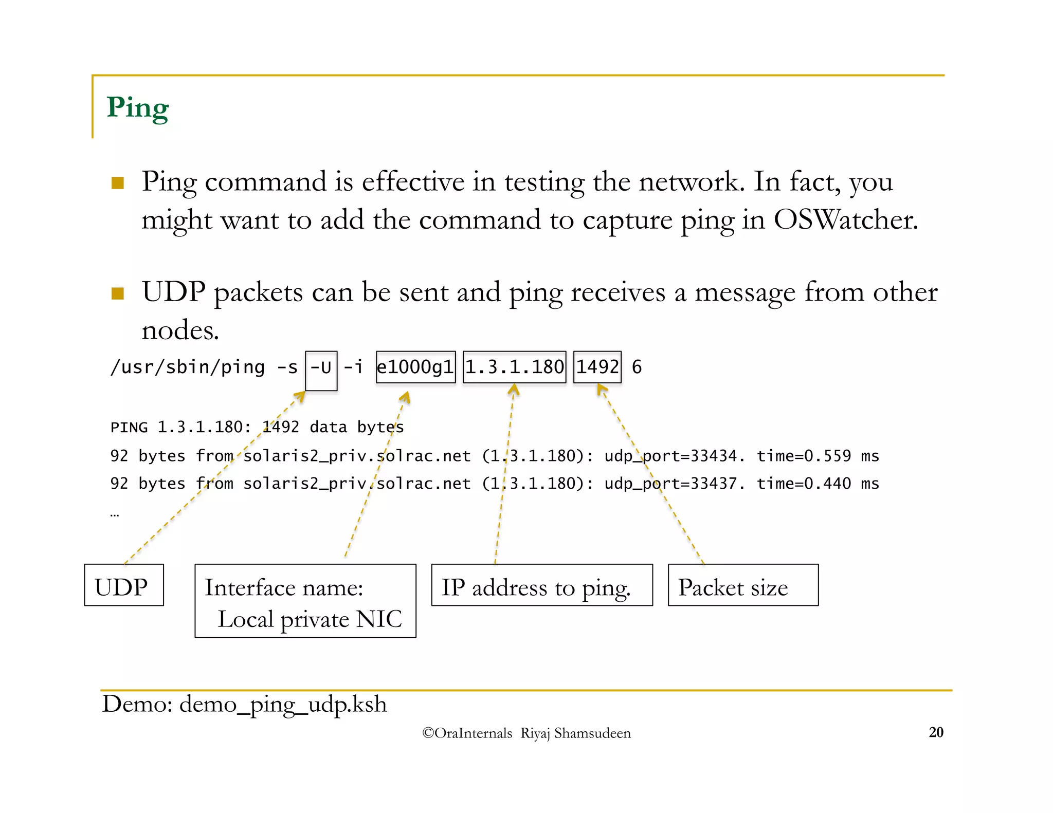  UDP packets can be sent and ping receives a message from other 
nodes. 
/usr/sbin/ping -s -U -i e1000g1 1.3.1.180 1492 6 
PING 1.3.1.180: 1492 data bytes 
92 bytes from solaris2_priv.solrac.net (1.3.1.180): udp_port=33434. time=0.559 ms 
92 bytes from solaris2_priv.solrac.net (1.3.1.180): udp_port=33437. time=0.440 ms 
… 
©OraInternals Riyaj Shamsudeen 20 
Ping 
 Ping command is effective in testing the network. In fact, you 
might want to add the command to capture ping in OSWatcher. 
UDP Interface name: 
Local private NIC 
Demo: demo_ping_udp.ksh 
IP address to ping. Packet size 
 