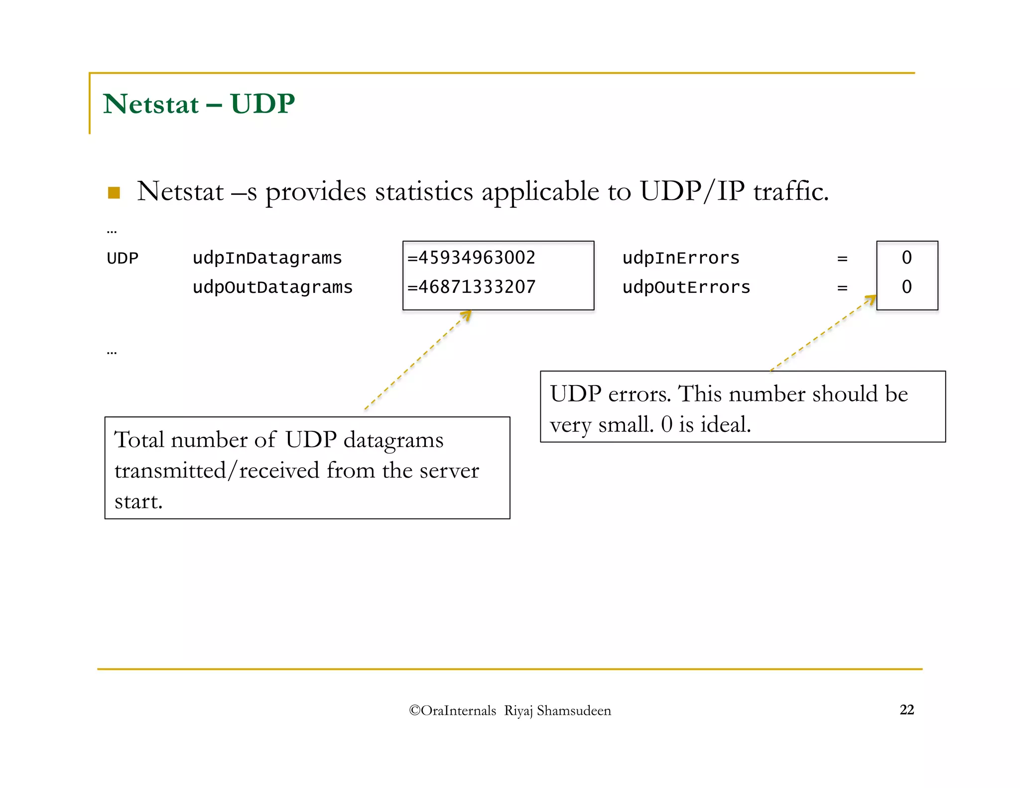 ©OraInternals Riyaj Shamsudeen 22 
Netstat – UDP 
 Netstat –s provides statistics applicable to UDP/IP traffic. 
… 
UDP udpInDatagrams =45934963002 udpInErrors = 0 
udpOutDatagrams =46871333207 udpOutErrors = 0 
… 
Total number of UDP datagrams 
transmitted/received from the server 
start. 
UDP errors. This number should be 
very small. 0 is ideal. 
 