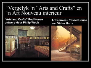 ‘ Vergelyk ‘n “Arts and Crafts” en ‘n Art Nouveau interieur “ Arts and Crafts” Red House ontwerp deur Philip Webb Art Nouveau Tassel House van Victor Horta 