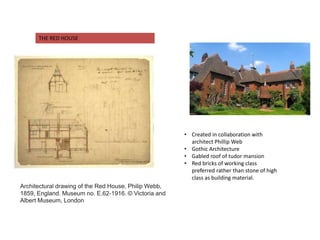 THE RED HOUSE
Architectural drawing of the Red House, Philip Webb,
1859, England. Museum no. E.62-1916. © Victoria and
Albert Museum, London
• Created in collaboration with
architect Phillip Web
• Gothic Architecture
• Gabled roof of tudor mansion
• Red bricks of working class
preferred rather than stone of high
class as building material.
 