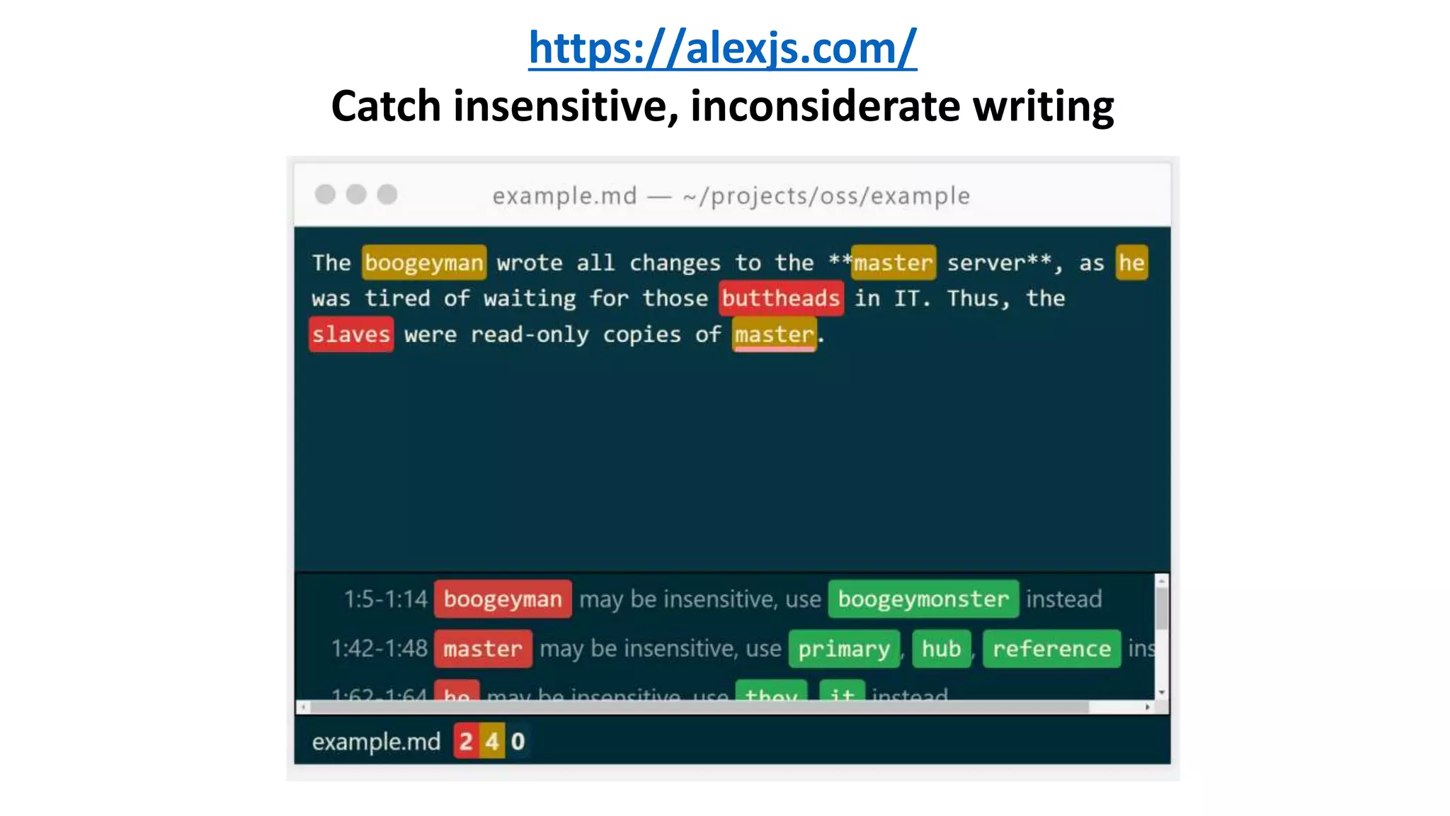 https://alexjs.com/
Catch insensitive, inconsiderate writing
 