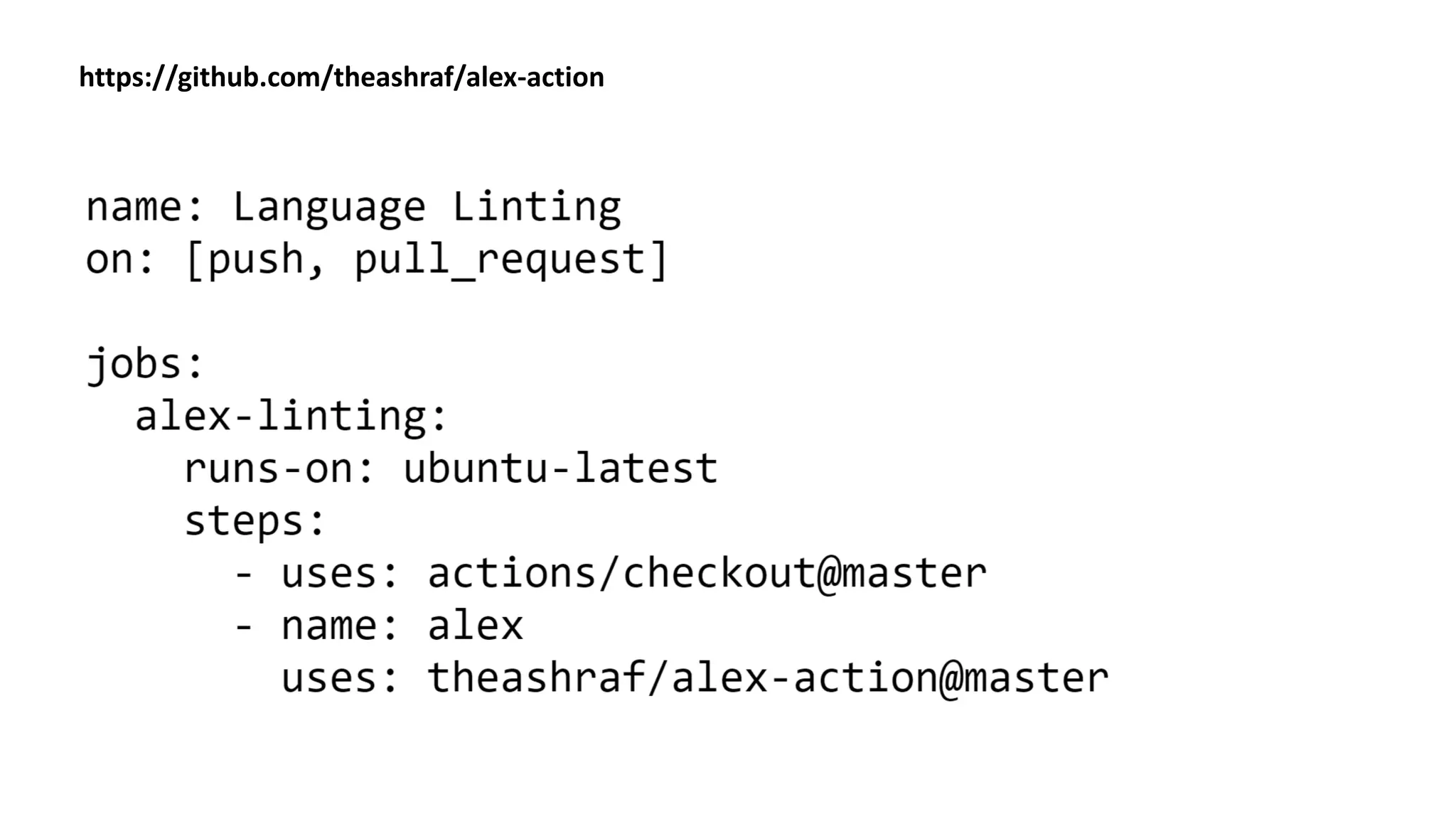 https://github.com/theashraf/alex-action
 