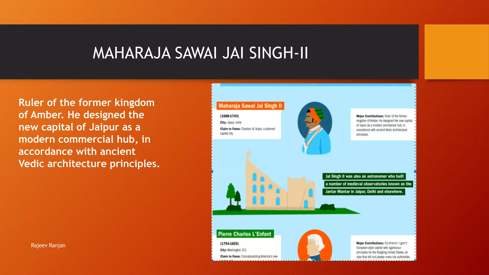 MAHARAJA SAWAI JAI SINGH-II
Rajeev Ranjan 31/05/20
Ruler of the former kingdom
of Amber. He designed the
new capital of Jaipur as a
modern commercial hub, in
accordance with ancient
Vedic architecture principles.
 
