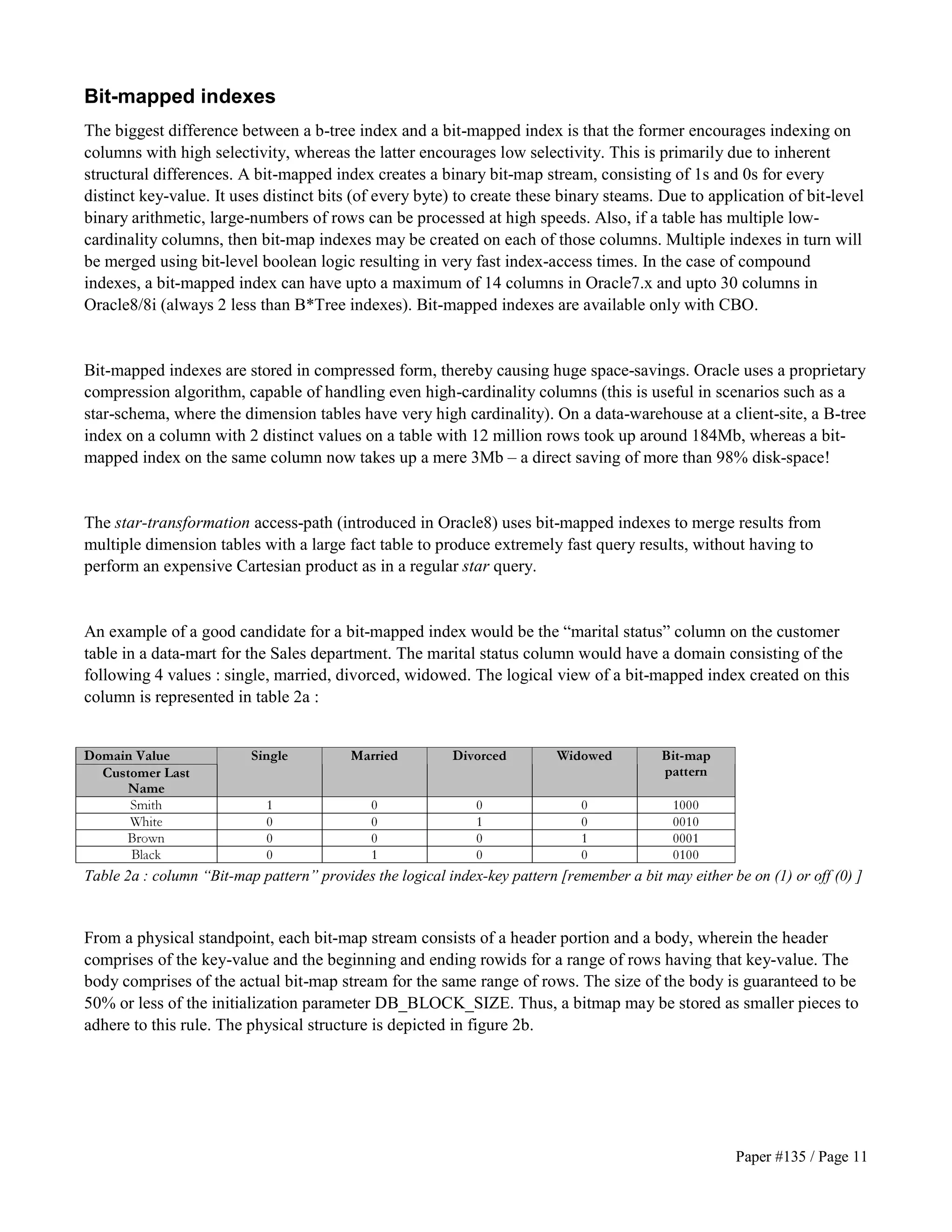 Bit-mapped indexes 
The biggest difference between a b-tree index and a bit-mapped index is that the former encourages indexing on 
columns with high selectivity, whereas the latter encourages low selectivity. This is primarily due to inherent 
structural differences. A bit-mapped index creates a binary bit-map stream, consisting of 1s and 0s for every 
distinct key-value. It uses distinct bits (of every byte) to create these binary steams. Due to application of bit-level 
binary arithmetic, large-numbers of rows can be processed at high speeds. Also, if a table has multiple low-cardinality 
columns, then bit-map indexes may be created on each of those columns. Multiple indexes in turn will 
be merged using bit-level boolean logic resulting in very fast index-access times. In the case of compound 
indexes, a bit-mapped index can have upto a maximum of 14 columns in Oracle7.x and upto 30 columns in 
Oracle8/8i (always 2 less than B*Tree indexes). Bit-mapped indexes are available only with CBO. 
Bit-mapped indexes are stored in compressed form, thereby causing huge space-savings. Oracle uses a proprietary 
compression algorithm, capable of handling even high-cardinality columns (this is useful in scenarios such as a 
star-schema, where the dimension tables have very high cardinality). On a data-warehouse at a client-site, a B-tree 
index on a column with 2 distinct values on a table with 12 million rows took up around 184Mb, whereas a bit-mapped 
index on the same column now takes up a mere 3Mb – a direct saving of more than 98% disk-space! 
The star-transformation access-path (introduced in Oracle8) uses bit-mapped indexes to merge results from 
multiple dimension tables with a large fact table to produce extremely fast query results, without having to 
perform an expensive Cartesian product as in a regular star query. 
An example of a good candidate for a bit-mapped index would be the “marital status” column on the customer 
table in a data-mart for the Sales department. The marital status column would have a domain consisting of the 
following 4 values : single, married, divorced, widowed. The logical view of a bit-mapped index created on this 
column is represented in table 2a : 
Paper #135 / Page 11 
'RPDLQ 9DOXH 
&XVWRPHU /DVW 
1DPH 
6LQJOH 0DUULHG 'LYRUFHG :LGRZHG %LWPDS 
SDWWHUQ 
6PLWK      
:KLWH      
%URZQ      
%ODFN      
Table 2a : column “Bit-map pattern” provides the logical index-key pattern [remember a bit may either be on (1) or off (0) ] 
From a physical standpoint, each bit-map stream consists of a header portion and a body, wherein the header 
comprises of the key-value and the beginning and ending rowids for a range of rows having that key-value. The 
body comprises of the actual bit-map stream for the same range of rows. The size of the body is guaranteed to be 
50% or less of the initialization parameter DB_BLOCK_SIZE. Thus, a bitmap may be stored as smaller pieces to 
adhere to this rule. The physical structure is depicted in figure 2b. 
 