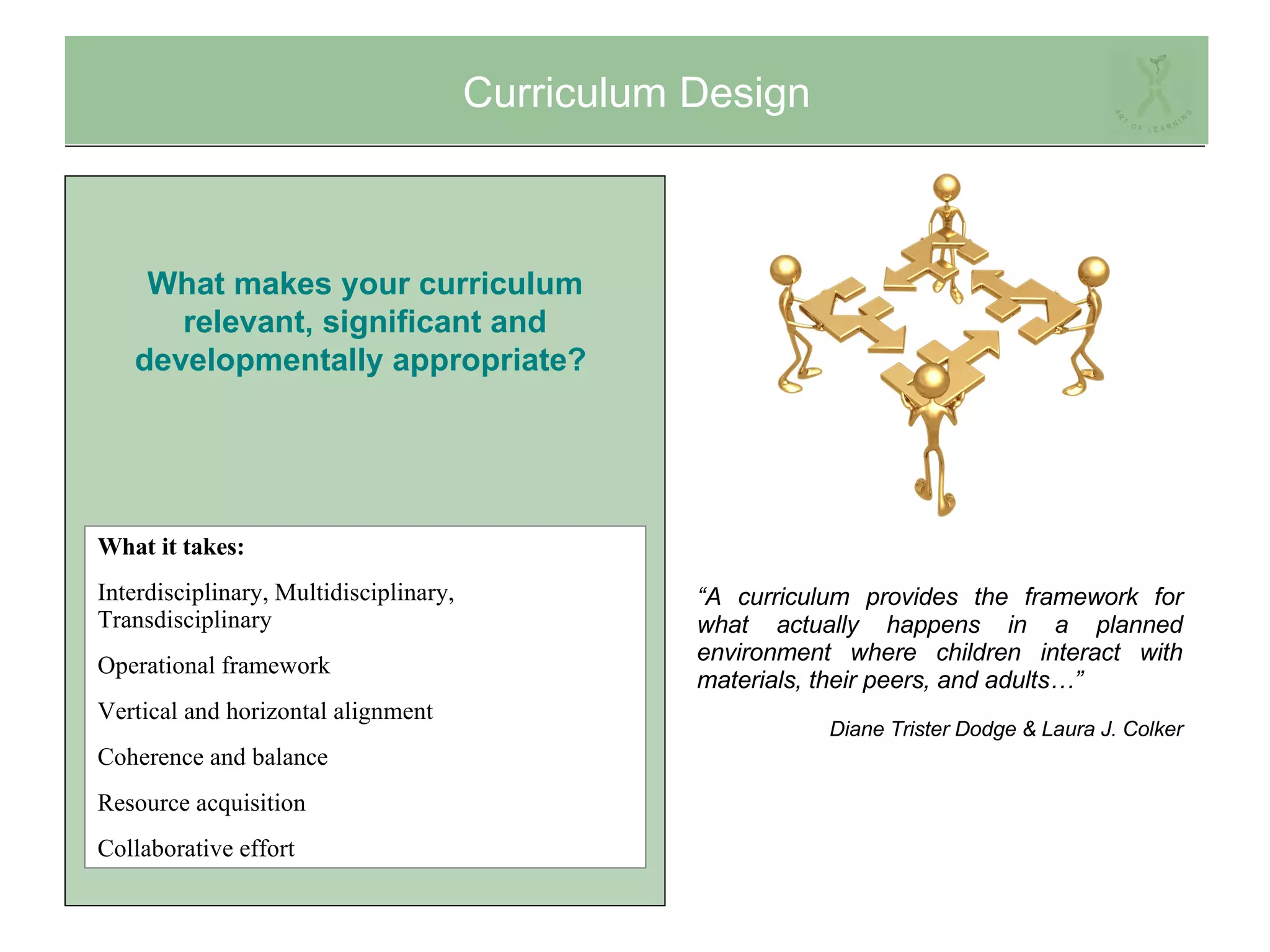 Curriculum Design “ A curriculum provides the framework for what actually happens in a planned environment where children interact with materials, their peers, and adults…”  Diane Trister Dodge & Laura J. Colker What it takes: Interdisciplinary, Multidisciplinary, Transdisciplinary Operational framework Vertical and horizontal alignment Coherence and balance Resource acquisition Collaborative effort What makes your curriculum relevant, significant and developmentally appropriate?  
