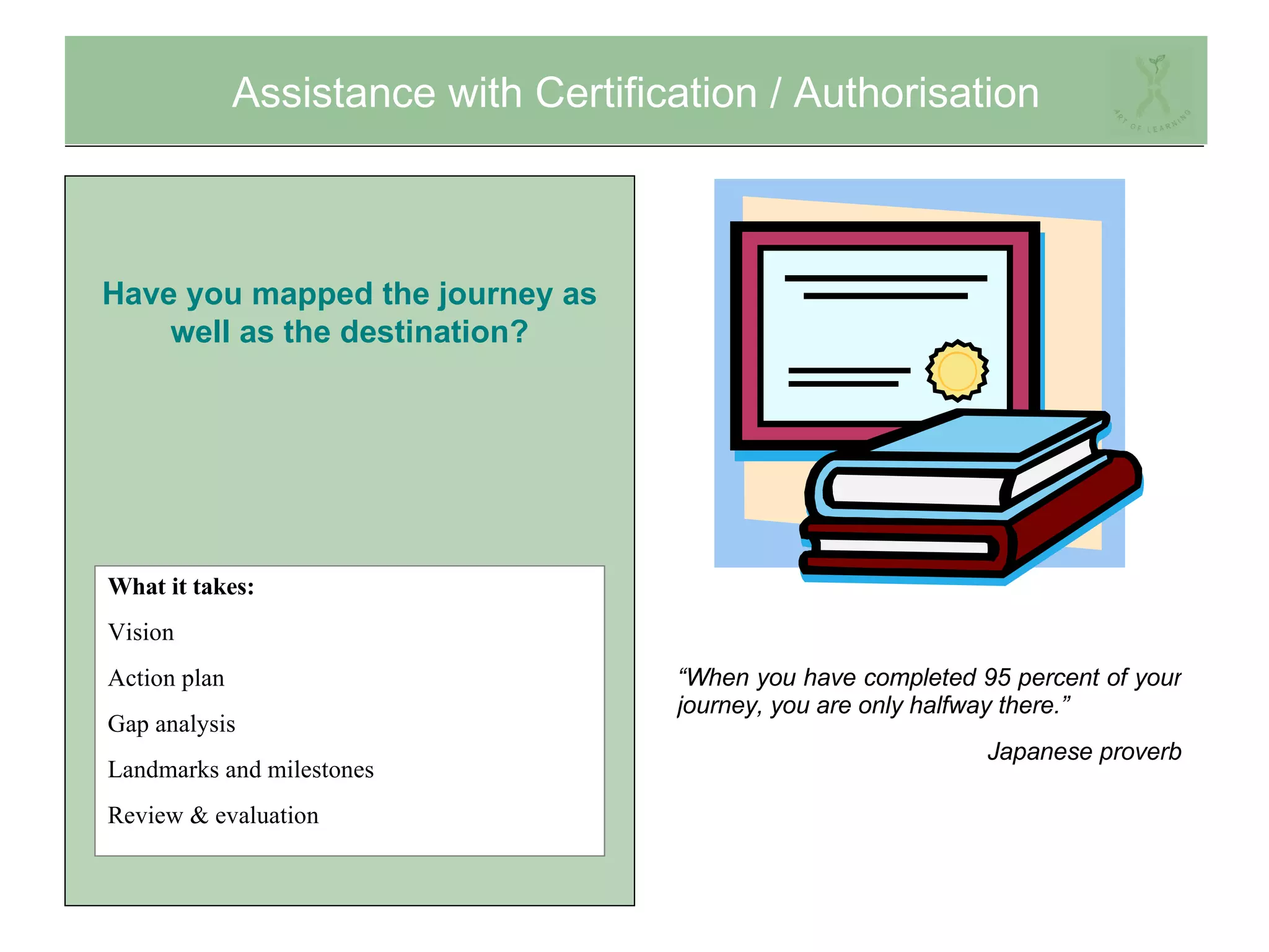 Assistance with Certification / Authorisation “ When you have completed 95 percent of your journey, you are only halfway there.”   Japanese proverb What it takes: Vision Action plan Gap analysis Landmarks and milestones Review & evaluation Have you mapped the journey as well as the destination? 