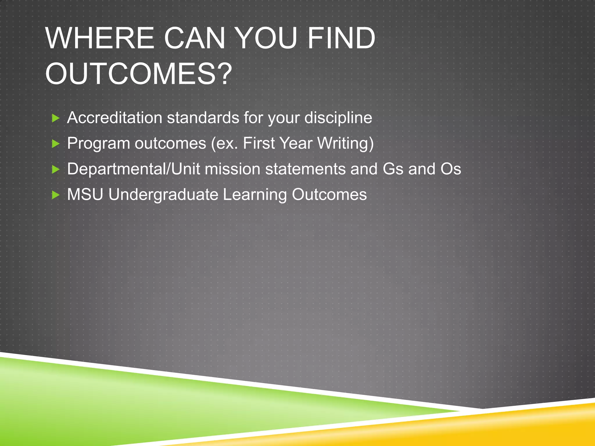 WHERE CAN YOU FIND
OUTCOMES?
 Accreditation standards for your discipline
 Program outcomes (ex. First Year Writing)
 Departmental/Unit mission statements and Gs and Os
 MSU Undergraduate Learning Outcomes
 