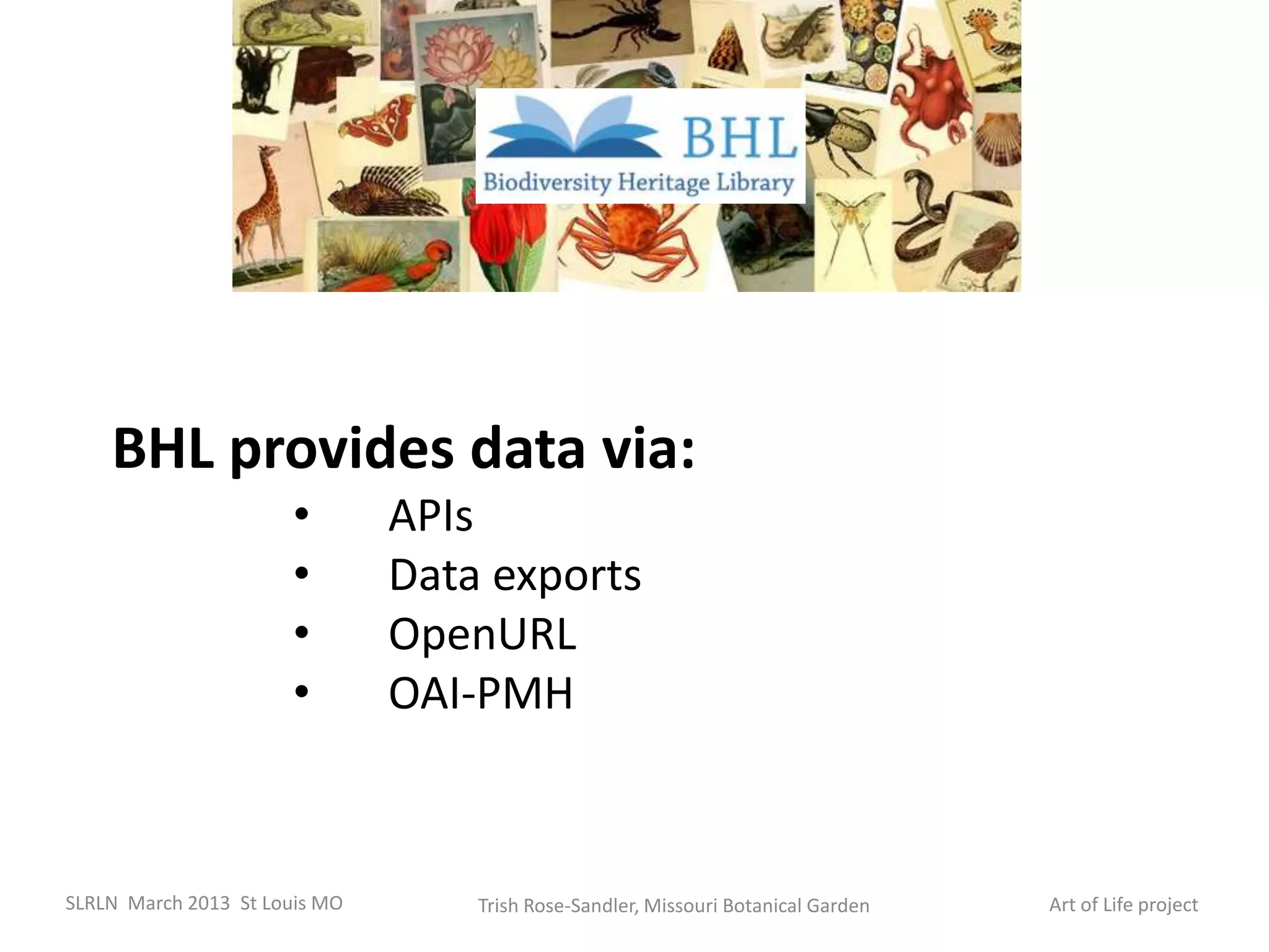 BHL provides data via:
                      •        APIs
                      •        Data exports
                      •        OpenURL
                      •        OAI-PMH



SLRLN March 2013 St Louis MO       Trish Rose-Sandler, Missouri Botanical Garden   Art of Life project
 