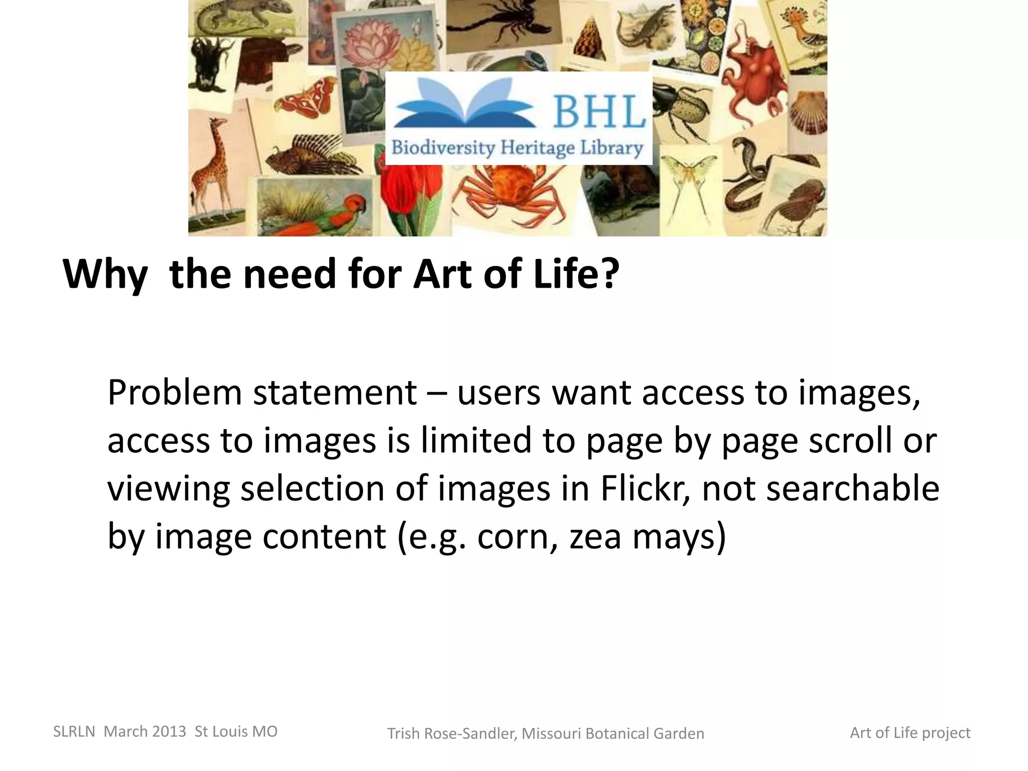 Why the need for Art of Life?

      Problem statement – users want access to images,
      access to images is limited to page by page scroll or
      viewing selection of images in Flickr, not searchable
      by image content (e.g. corn, zea mays)



SLRLN March 2013 St Louis MO   Trish Rose-Sandler, Missouri Botanical Garden   Art of Life project
 