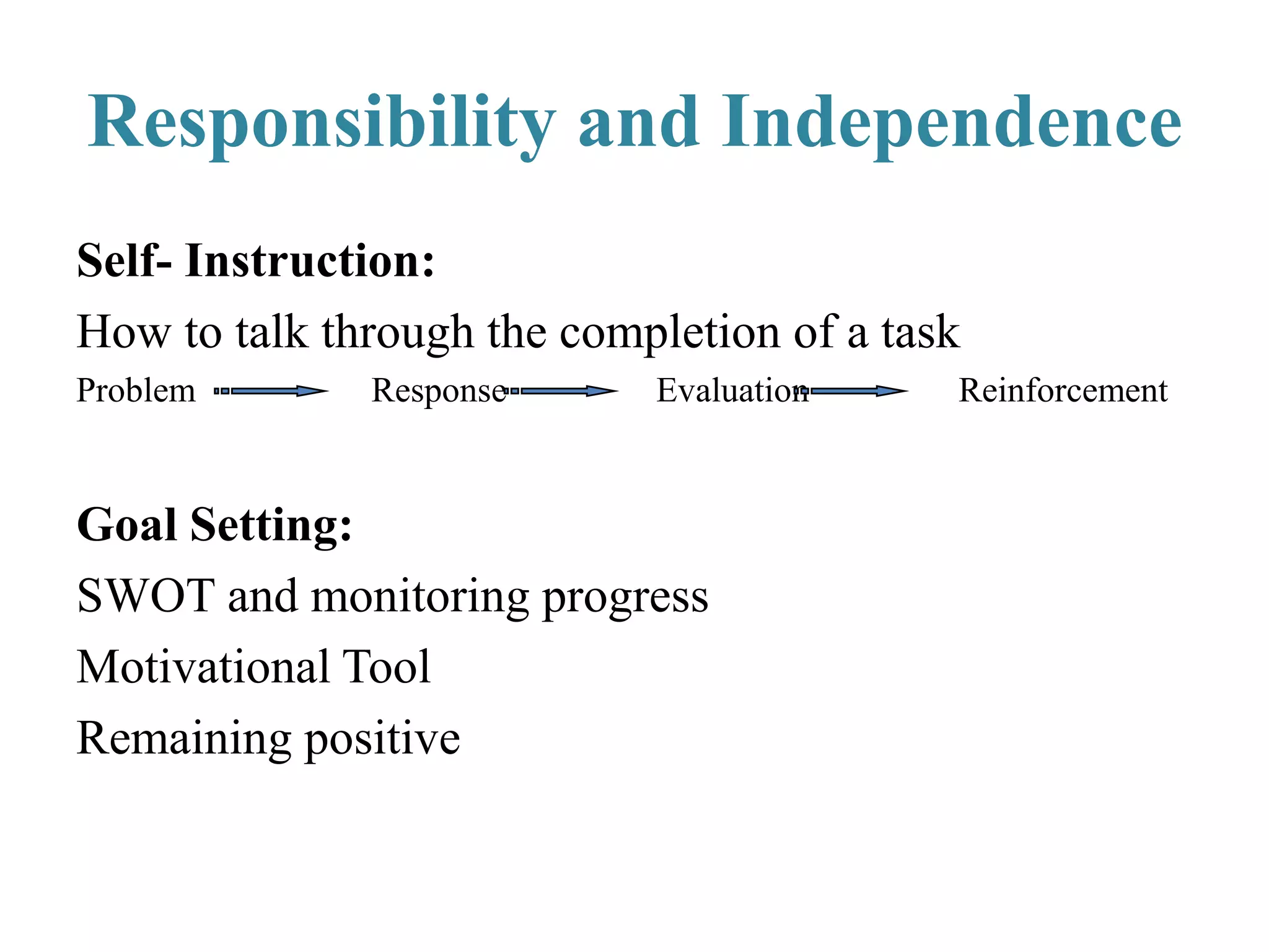 Responsibility and Independence
Self- Instruction:
How to talk through the completion of a task
Problem Response Evaluation Reinforcement
Goal Setting:
SWOT and monitoring progress
Motivational Tool
Remaining positive
 