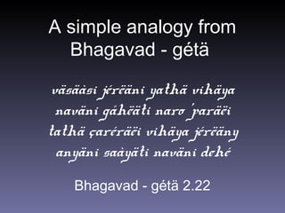 väsäàsi jérëäni yathä vihäya
naväni gåhëäti naro ’paräëi
tathä çaréräëi vihäya jérëäny
anyäni saàyäti naväni dehé
A simple analogy from
Bhagavad - gétä
Bhagavad - gétä 2.22
 