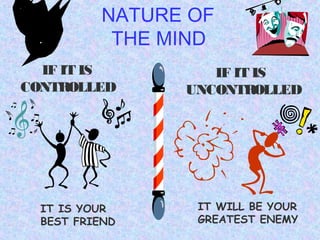 NATURE OF
THE MIND
IT IS YOUR
BEST FRIEND
IF IT IS
UNCONTROLLED
IT WILL BE YOUR
GREATEST ENEMY
IF IT IS
CONTROLLED
 