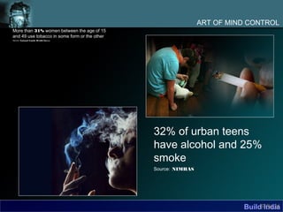 ART OF MIND CONTROL
More than 31% women between the age of 15
and 49 use tobacco in some form or the other
Source: National Family Health Survey




                                               32% of urban teens
                                               have alcohol and 25%
                                               smoke
                                               Source: NIMHAS




                                                                          BuildFOLK
                                                                                India
 