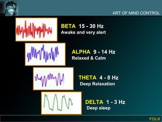 ART OF MIND CONTROL


BETA 15 - 30 Hz
Awake and very alert



    ALPHA 9 - 14 Hz
    Relaxed & Calm



       THETA 4 - 8 Hz
        Deep Relaxation



          DELTA 1 - 3 Hz
           Deep sleep

                                      FOLK
 