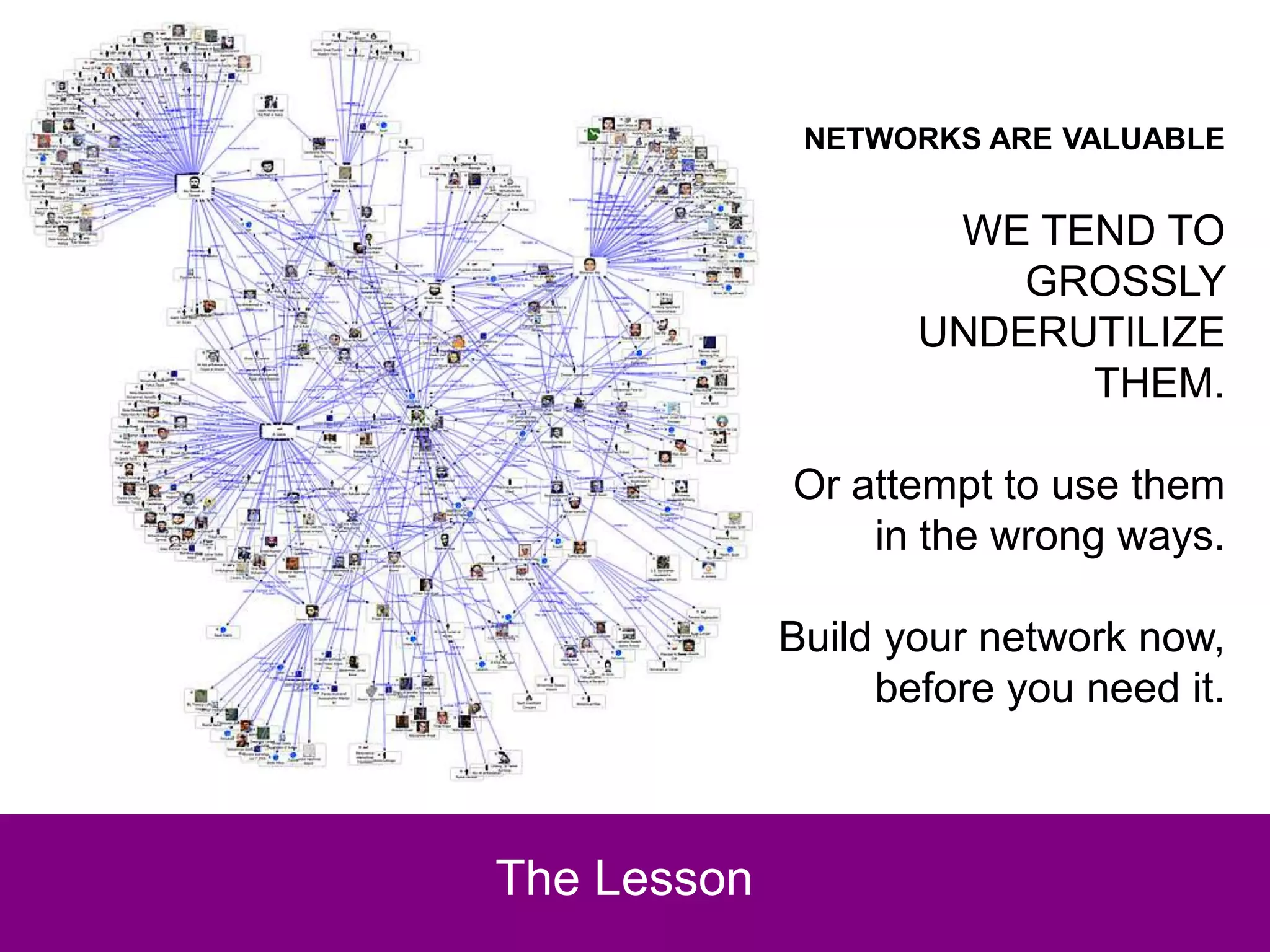 NETWORKS ARE VALUABLE


                     WE TEND TO
                        GROSSLY
                    UNDERUTILIZE
                          THEM.

             Or attempt to use them
                 in the wrong ways.

             Build your network now,
                  before you need it.



The Lesson
 