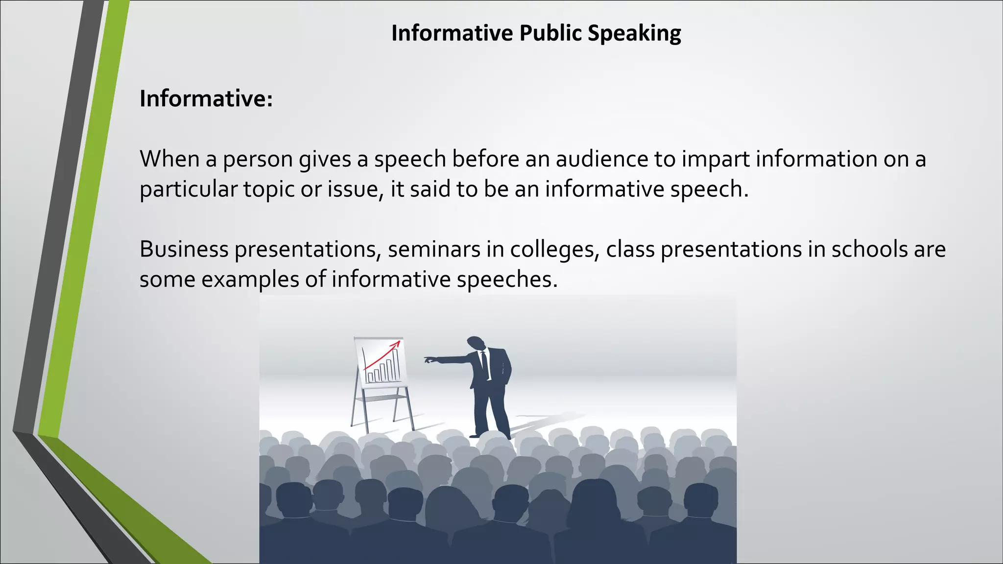 Informative Public Speaking
Informative:
When a person gives a speech before an audience to impart information on a
particular topic or issue, it said to be an informative speech.
Business presentations, seminars in colleges, class presentations in schools are
some examples of informative speeches.
 
