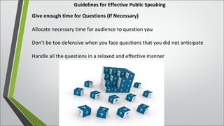 Guidelines for Effective Public Speaking
Give enough time for Questions (If Necessary)
Allocate necessary time for audience to question you
Don’t be too defensive when you face questions that you did not anticipate
Handle all the questions in a relaxed and effective manner
 