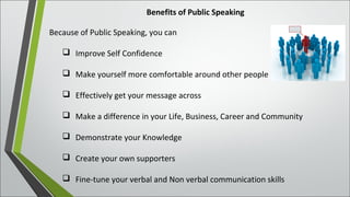 Benefits of Public Speaking
Because of Public Speaking, you can
 Improve Self Confidence
 Make yourself more comfortable around other people
 Effectively get your message across
 Make a difference in your Life, Business, Career and Community
 Demonstrate your Knowledge
 Create your own supporters
 Fine-tune your verbal and Non verbal communication skills
 
