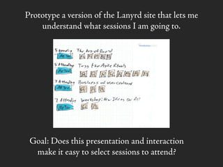 Prototype a version of the Lanyrd site that lets me
understand what sessions I am going to.
Goal: Does this presentation and interaction
make it easy to select sessions to attend?
 