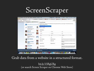 ScreenScraper
Grab data from a website in a structured format.
bit.ly/15RgURg
(or search Screen Scraper on Chrome Web Store)
 