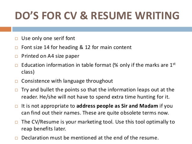cv table format