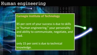 Human engineering
Carnegie Institute of Technology
85 per cent of your success is due to skills
in “human engineering,” your personality
and ability to communicate, negotiate, and
lead.
only 15 per cent is due to technical
knowledge.
 