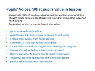 Approximately 80% of pupils answered an optional question asking what they
thought helped to make a good lesson, and things they enjoyed that supported
their learning
Open ended, written comments showed they valued:
• group work and collaboration
• varied lesson activities, group arrangements and topics
• a range of resources, from handouts to ICT
• a prompt start and appropriate lesson pace
• a clear structure with a strong focus on learning and progress
• lessons attuned to student interest and enjoyment
• clarity about what to do and how to improve their work
• interactive teaching approaches and individual support
• positive relationships with their teachers
Pupils’ Voices: What pupils value in lessons
 